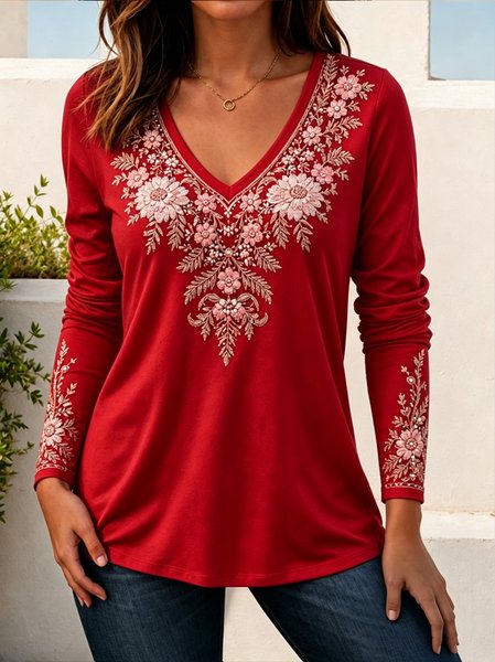 Women Floral Long Sleeve Tee T-shirt V Neck Casual Spring/Fall Top