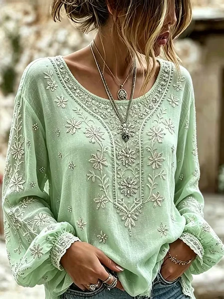 

Crew Neck Long Sleeve Floral Printing Lightweight Micro-Elasticity Loose Blouse For Women, Green, Blouses