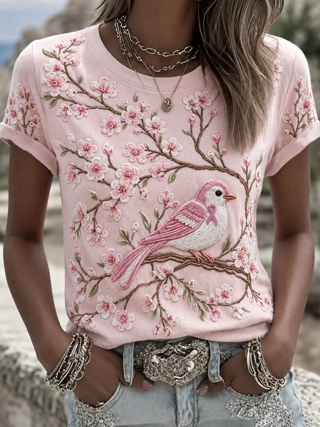 Women Floral Short Sleeve Tee T-shirt Crew Neck Casual Summer Top