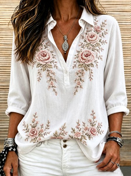 

Shawl Collar Long Sleeve Floral Regular Micro-Elasticity Regular Fit Shirt For Women, White, Blouses