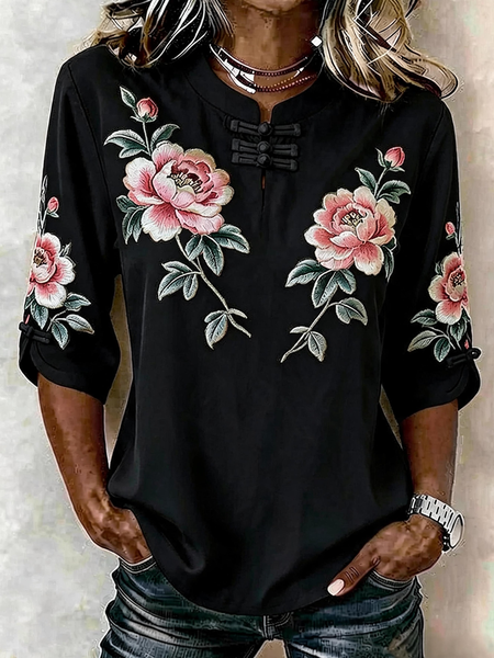 

Mandarin Collar Half Sleeve Floral Regular Micro-Elasticity Regular Fit Blouse For Women, Black, Blouses