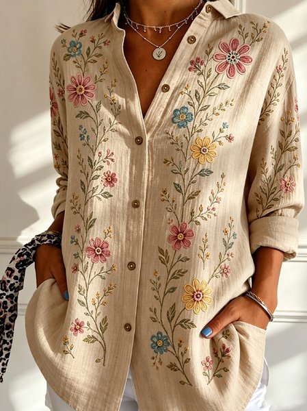 Women Floral Shirt Collar Long Sleeve Shirt Vintage Daily Spring/Fall Top