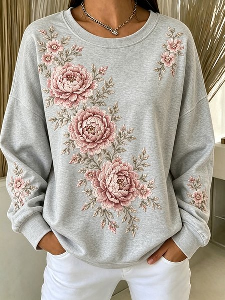 Women Floral Crew Neck Casual Spring/Fall Long Sleeve Sweatshirt