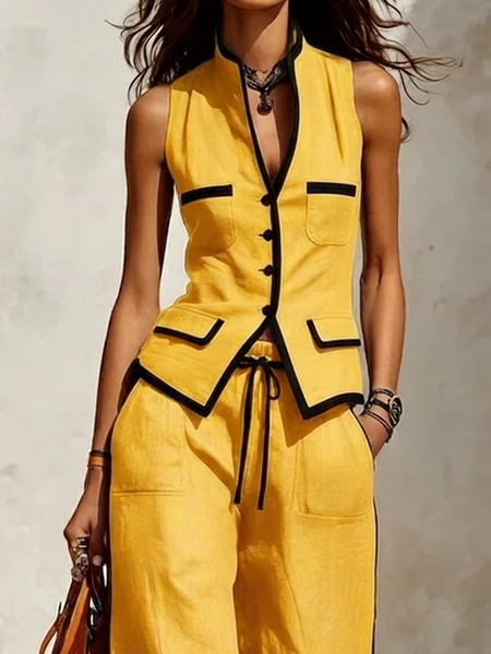 Cotton Casual Color Block Stand Collar Vest