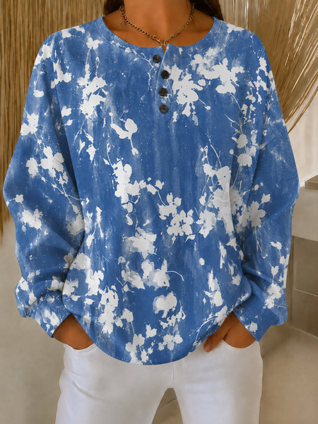 Women Random Print Henley Collar Casual Spring/Fall Long Sleeve Sweatshirt