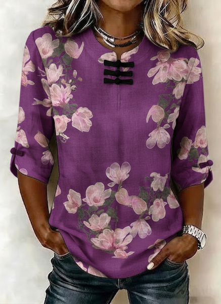 

Mandarin Collar Half Sleeve Floral Regular Micro-Elasticity Regular Fit Blouse For Women, Purple, Blouses
