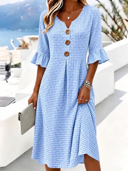 Women Floral Half Sleeve V Neck Dress Daily Casual Midi A-Line Summer Dress