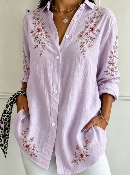 Women Floral Shirt Collar Long Sleeve Shirt Vintage Daily Spring/Fall Top