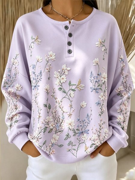 Women Floral Henley Collar Casual Spring/Fall Long Sleeve Sweatshirt