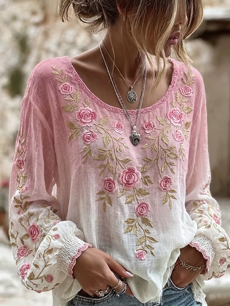 

Crew Neck Long Sleeve Floral Printing Regular Micro-Elasticity Regular Fit Blouse For Women, Pink, Blouses