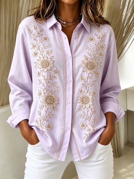 Women Floral Shawl Collar Long Sleeve Shirt Vintage Holiday Spring/Fall Top