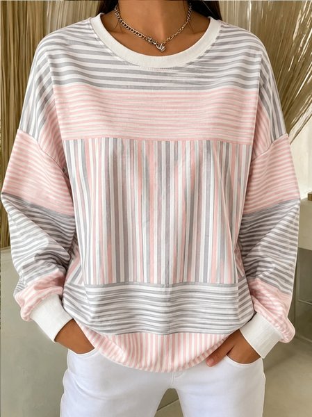 Women Striped Crew Neck Casual Spring/Fall Long Sleeve Sweatshirt