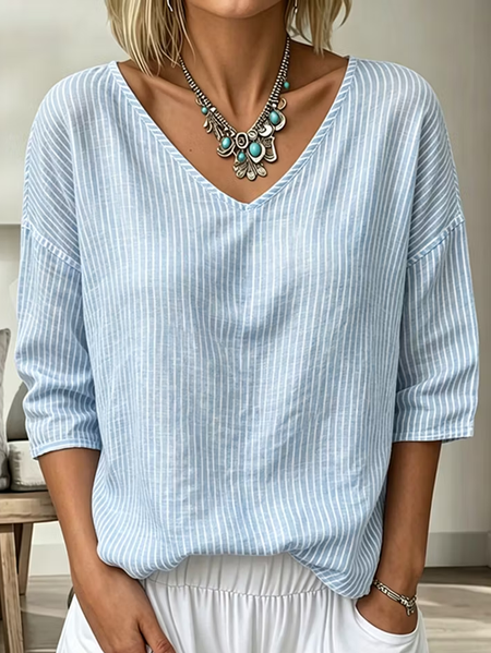 Women Striped Three Quarter Sleeve Tee T-shirt V Neck Casual Graphic Tee Spring/Fall Top