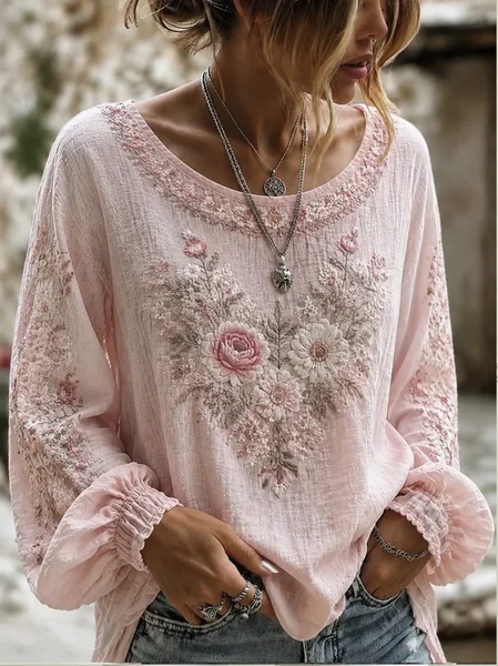 

Crew Neck Long Sleeve Floral Printing Lightweight Micro-Elasticity Loose Blouse For Women, Pink, Blouses