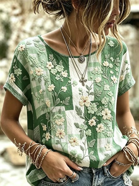 Women Floral Short Sleeve Tee T-shirt Crew Neck Casual Summer Top