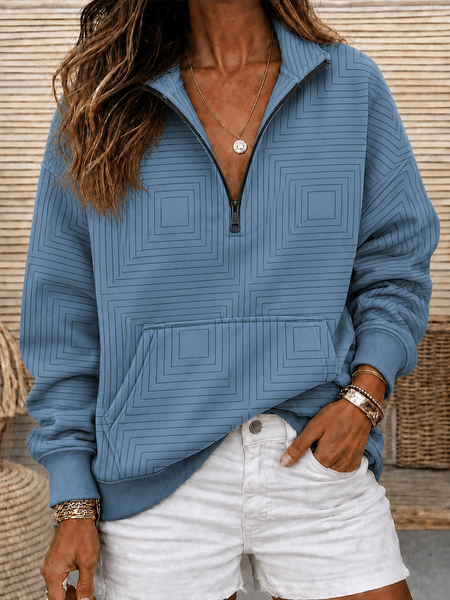 Women Plain Half Open Collar Casual Spring/Fall Long Sleeve Sweatshirt