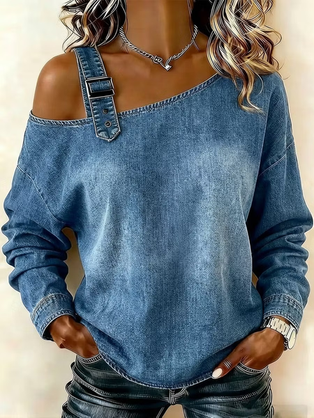 Women Plain Asymmetrical Buckle Casual Spring/Fall Long Sleeve Sweatshirt