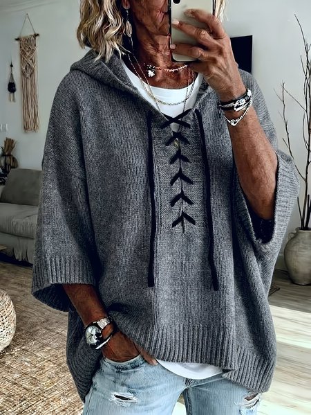 Women Plain Casual Half Sleeve Hooded Yarn/Wool Yarn Spring/Fall Sweater