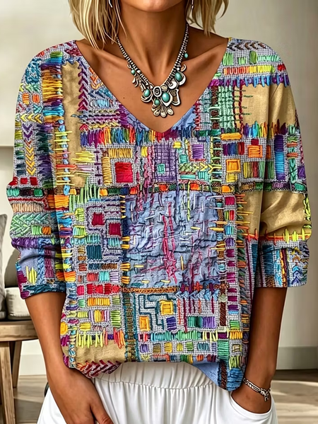 Women Abstract Three Quarter Sleeve Tee T-shirt V Neck Casual Graphic Tee Spring/Fall Top