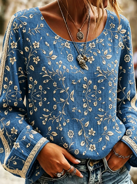 

Crew Neck Long Sleeve Floral Printing Lightweight Micro-Elasticity Loose Blouse For Women, Blue, Blouses