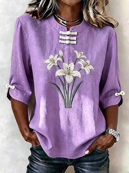 

Mandarin Collar Half Sleeve Floral Regular Micro-Elasticity Regular Fit Blouse For Women, Purple, Blouses