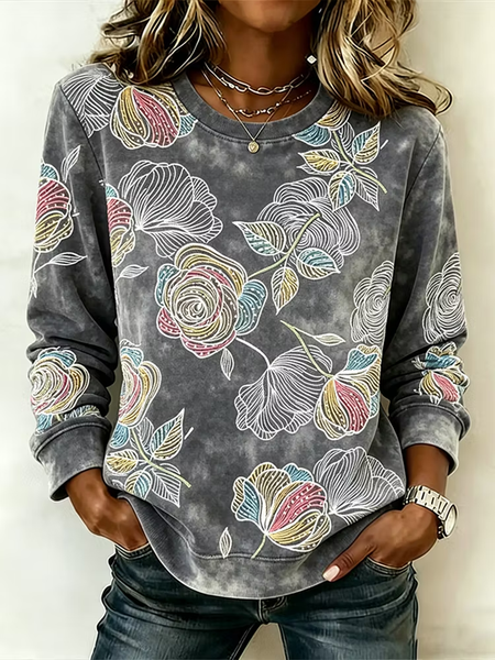 Women Floral Crew Neck Printing Casual Spring/Fall Long Sleeve Sweatshirt