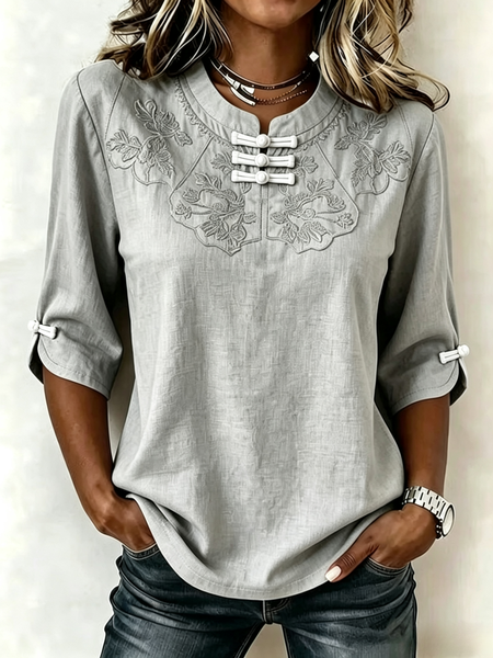 Women Floral Mandarin Collar Half Sleeve Blouse Printing Vintage Daily Summer Top