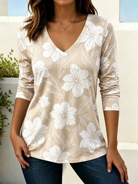 

Casual Floral V Neck Long Sleeve T-shirt, Khaki, T-shirts