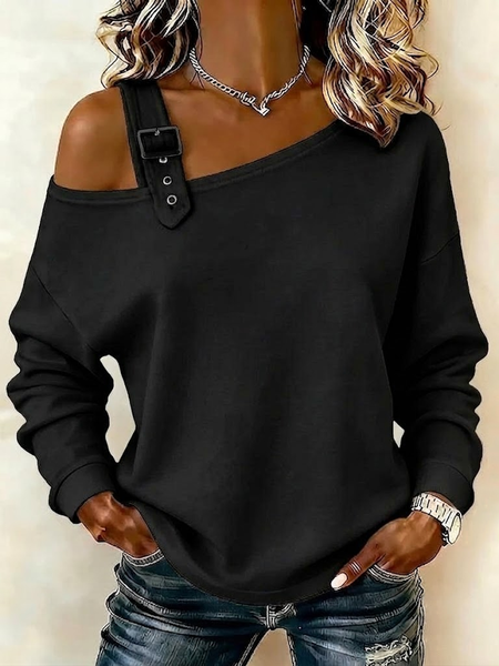 Women Plain Asymmetrical Buckle Casual Spring/Fall Long Sleeve Sweatshirt