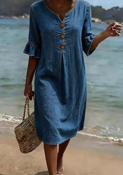 Women Plain Half Sleeve V Neck Dress Daily Casual Midi A-Line Summer Dress