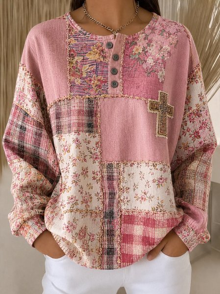 Women Floral Henley Collar Casual Spring/Fall Long Sleeve Sweatshirt
