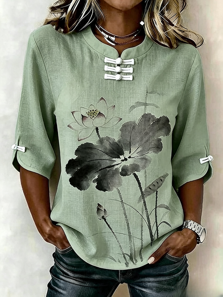 

Mandarin Collar Short Sleeve Floral Regular Micro-Elasticity Regular Fit Blouse For Women, Green, Blouses