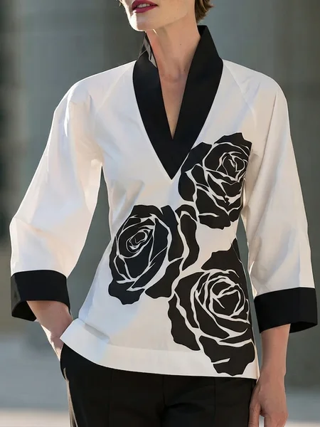 

Urban Floral V Neck Three Quarter Sleeve Blouse, As picture, Blouses and Shirts
