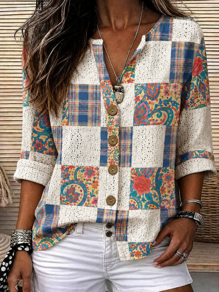 Women Floral Stand Collar Three Quarter Sleeve Shirt Casual Daily Spring/Fall Top
