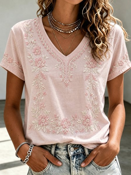 Women Floral Short Sleeve Tee T-shirt V Neck Casual Summer Top
