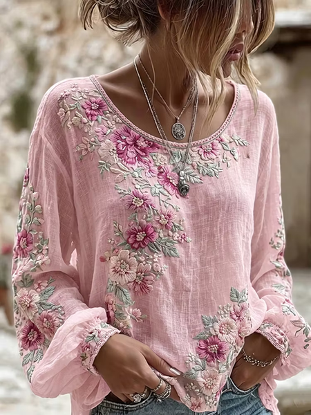 

Crew Neck Long Sleeve Floral Printing Regular Micro-Elasticity Regular Fit Blouse For Women, Pink, Blouses