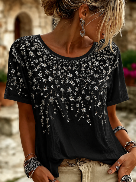 Women Floral Short Sleeve Tee T-shirt Crew Neck Printing Casual Summer Top