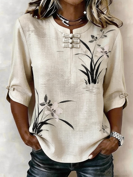 

Mandarin Collar Half Sleeve Floral Regular Micro-Elasticity Regular Fit Blouse For Women, Off white, Blouses