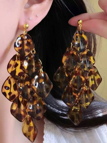 Leopard-print Acrylic Petal Tassel Stud Earrings 1 Leopard-print Acrylic Petal Tassel Stud Earrings