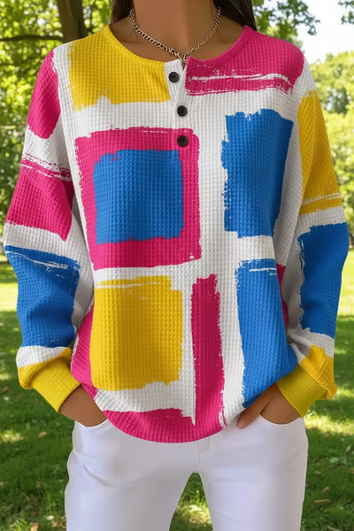 Women Multicolor Block Henley Collar Casual Spring/Fall Long Sleeve Sweatshirt