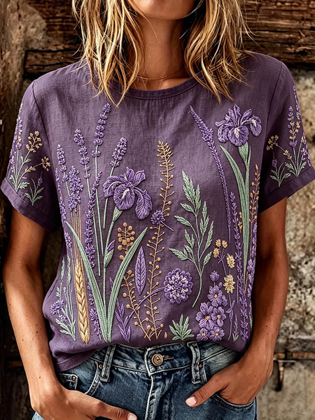 Women Floral Short Sleeve Tee T-shirt Crew Neck Printing Casual Graphic Tee Summer Top
