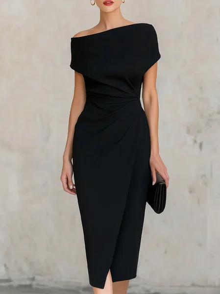 Urban Plain Ruched One Shoulder Midi Dress