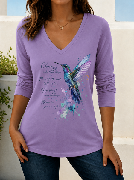 Women Text Letters Long Sleeve Tee T-shirt V Neck Printing Casual Spring/Fall Top