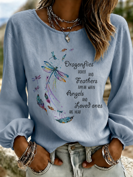 

Crew Neck Long Sleeve Text Letters Printing Lightweight Micro-Elasticity Loose Blouse For Women, Blue, Blouses