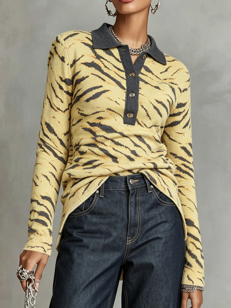 Urban Color Block Shirt Collar Sweater