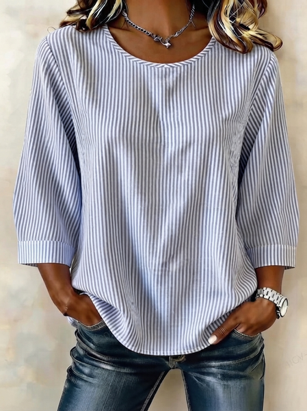 Crew Neck Half Sleeve Striped Lightweight Loose Shirt For Women