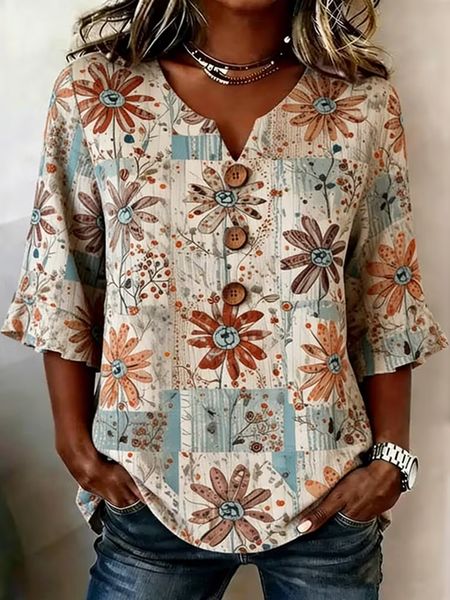 Women Floral V Neck Half Sleeve Blouse Printing Vintage Daily Summer Top