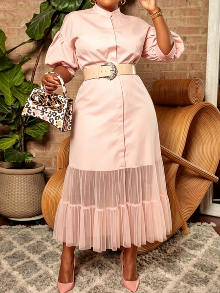 Elegant Plain Balloon Sleeve Split Joint Mock Neck Maxi Dress No Belt