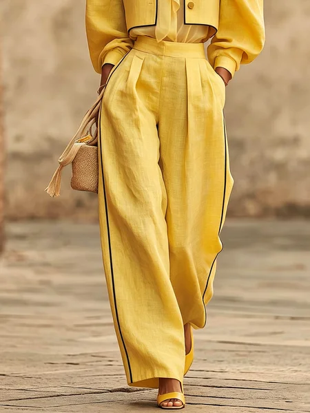 Urban Color Block Straight Cotton And Linen Pants