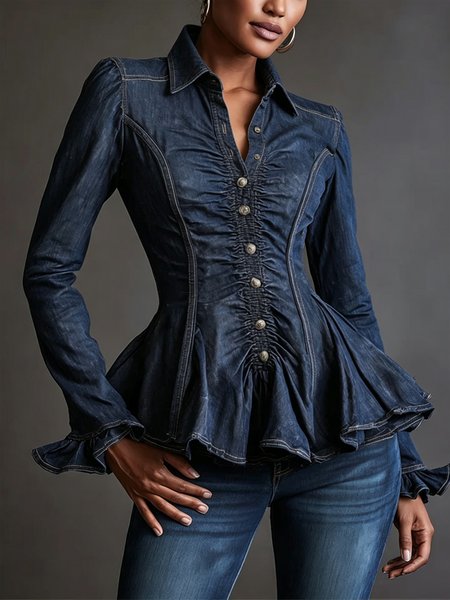 Denim Casual Peplum Lotus Leaf Collar Bell Sleeve Shirt 1 Denim Casual Peplum Lotus Leaf Collar Bell Sleeve Shirt